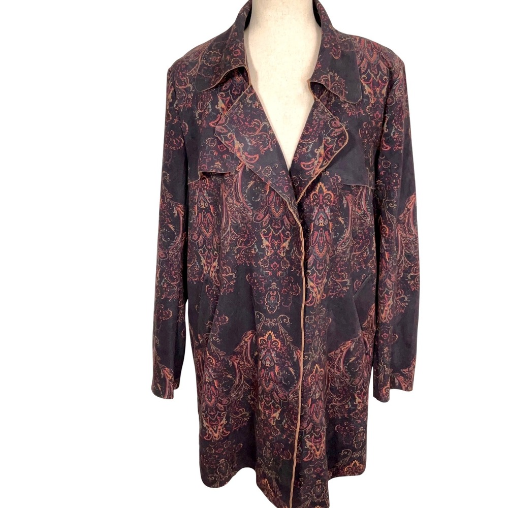 SOLITAIRE Trench Coat Womens XLarge Black Red Paisley 70s Boho Luxe‎ Party Coat